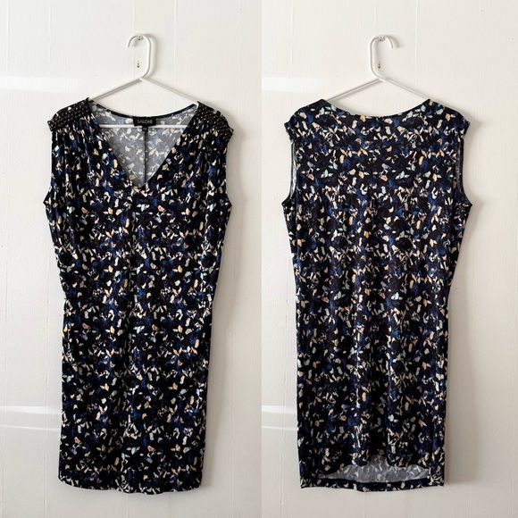 SALONI Designer Printed Floral Brass Studded Mini Dress Form Fitting - Picture 1 of 6